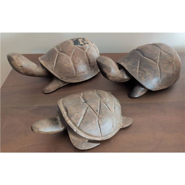 Three Hand-Carved Mahogany Tortoise Figurines