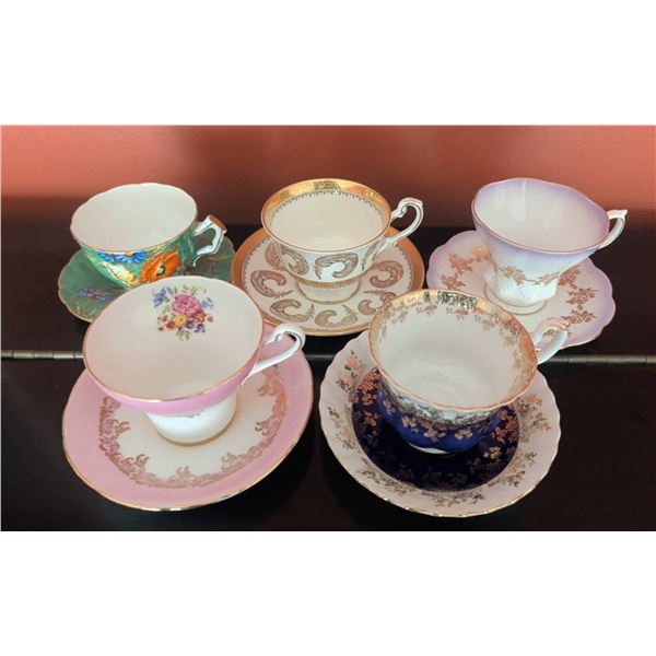 Five Decorative Bone China Tea Cups and Saucers from Renowned Makers