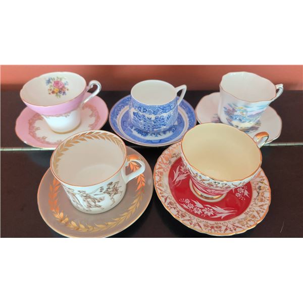 Five English Bone China Teacups and Saucers from Various Makers