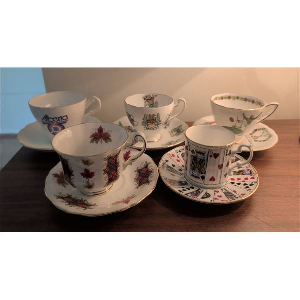 Five Themed Fine Bone China Teacups and Saucers by Various Makers