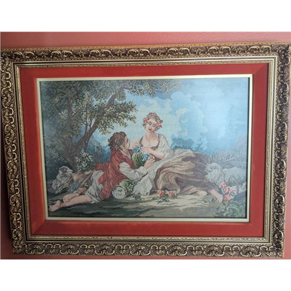 Framed Needlepoint Tapestry Depicting Pastoral Scene with Ornate Gilded Frame