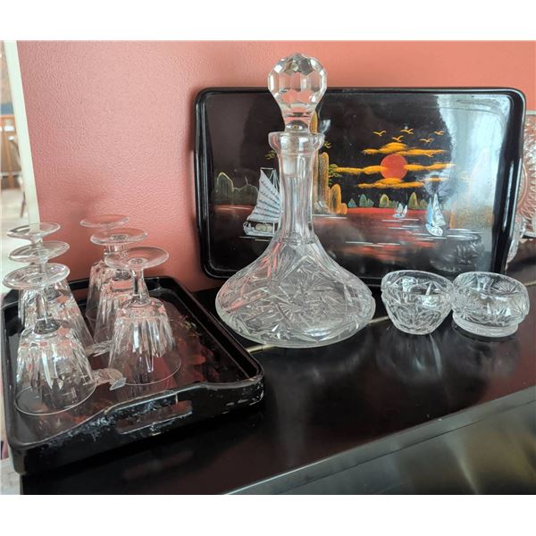 Crystal Decanter Set with Glasses and Hand-Painted Serving Trays