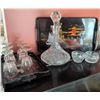 Image 1 : Crystal Decanter Set with Glasses and Hand-Painted Serving Trays