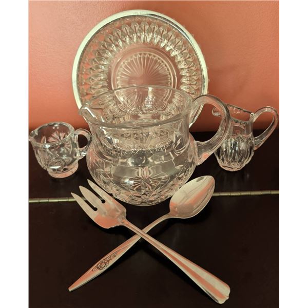 Crystal Serving Set with Pitcher, Creamers, Dish, and Serving Utensils