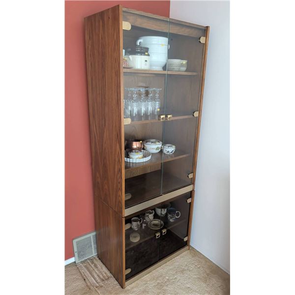 Tall 2 Piece Glass Display Cabinet with Shelving and Brass-Tone Accents