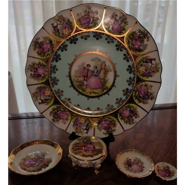 Limoges French Porcelain Decorative Plate Set with Rococo-Inspired Motifs and Gilded Accents