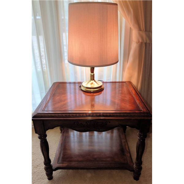 Vintage Oak 2 Tiered Table w/ Brass Touch Lamp