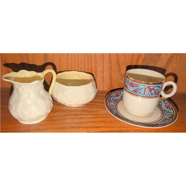 Belleek Creamer, Sugar Bowl, and Cup with Saucer