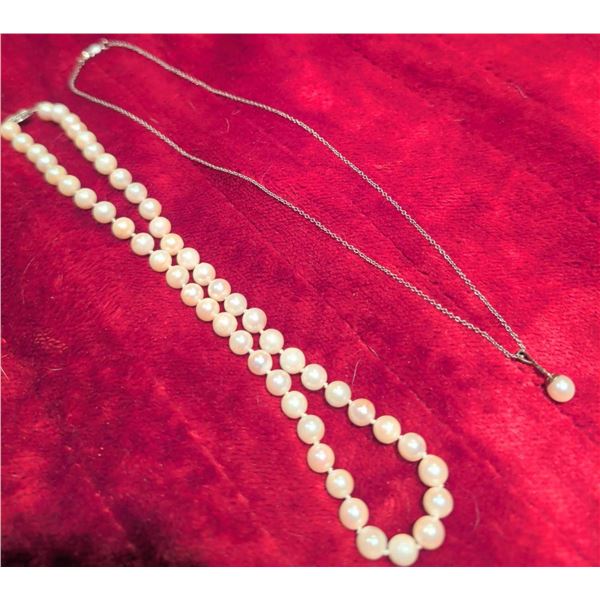 Stamped 10K Gold Chain w/ Pearl Pendant & Pearl Necklace w/ 10K Clasp