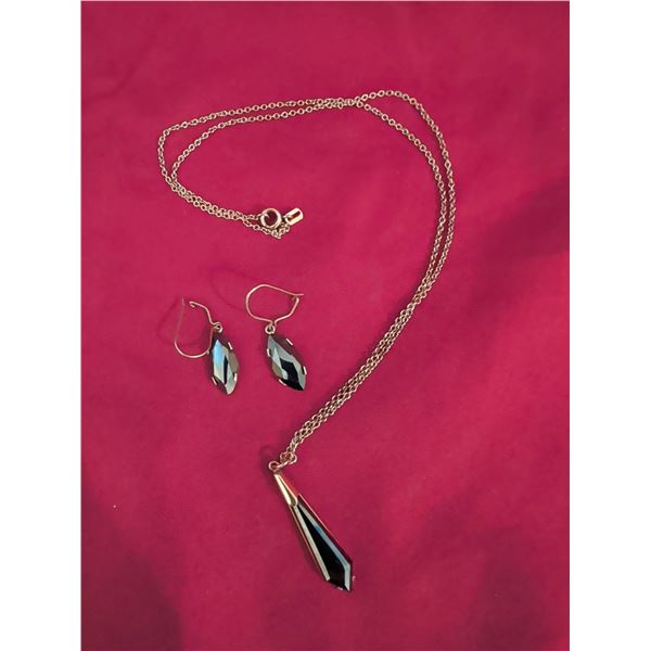Stamped 10K Necklace and Earrings Set with Faceted Black Crystals