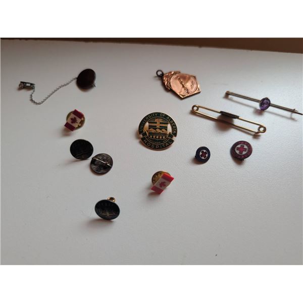 Pins and Accessories Including Red Cross, Canada Flag, and University of Alberta Pieces