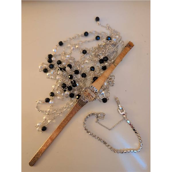 Ladies Designer Watch, Silver Tennis Bracelet, and Multi-Strand Beaded Necklace