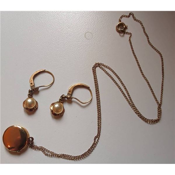Stamped 10K Locket Necklace and Pearl Drop Earrings Set