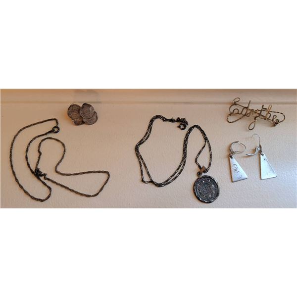 Stamped 925 & 900 Silver Jewelry Featuring Chain Necklaces, Coin-Inspired Pendants, and Earrings