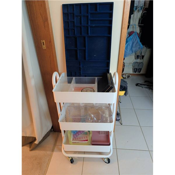 White Three-Tier Metal Rolling Cart with Drawer & Jewelry Storage Containers