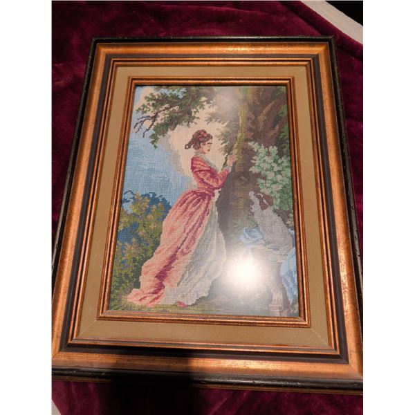 Framed Needlepoint Textile Art Depicting a Woman in Nature