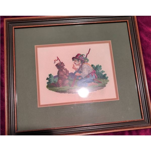 Framed Cross-Stitch Artwork of Boy and Dog Scene