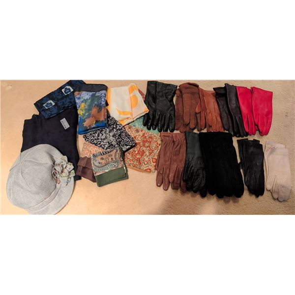 Womens Genuine Leather Gloves, Scarves, and a Linen Hat Size M