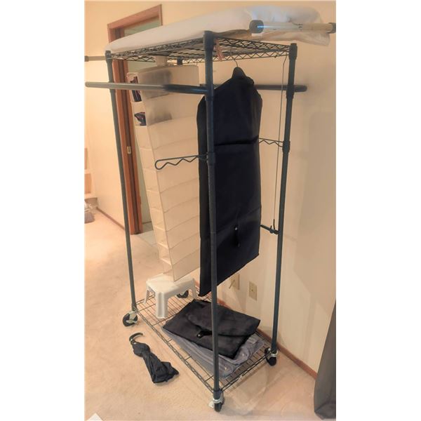 Metal Garment Rack With Ironing Board, Shelves, and Storage Accessories on Wheels