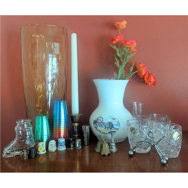 Curated Collection of Unique Thimbles Glassware, Bell Figurines, and Trinkets