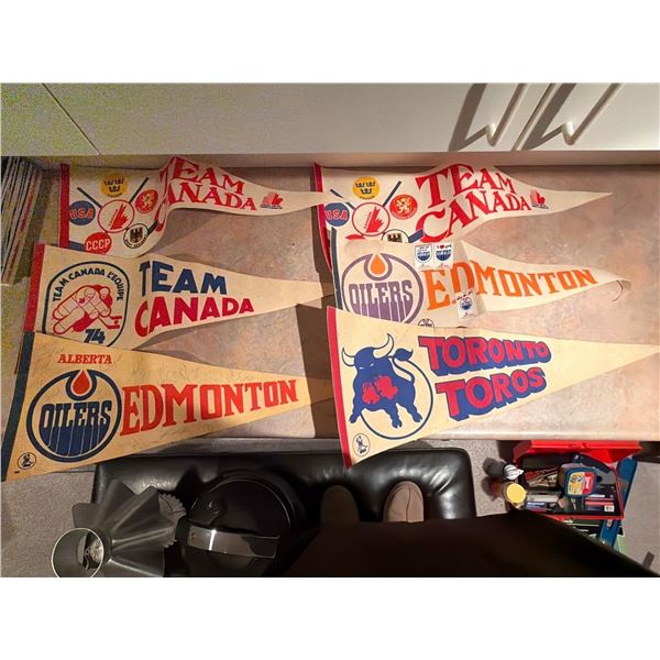 Vintage Hockey Pennants, Including Autographed Edmonton Oilers