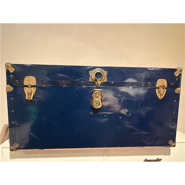 Blue Metal Steamer Trunk with Brass Hardware and Interior Lining