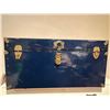 Image 1 : Blue Metal Steamer Trunk with Brass Hardware and Interior Lining