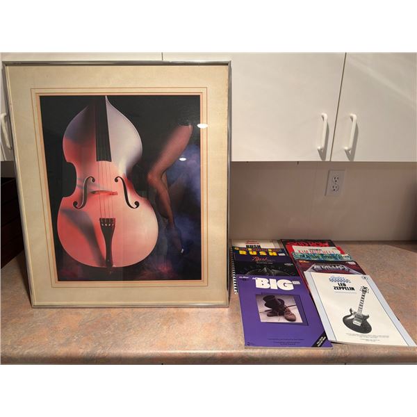 Framed Art Print Featuring Double Bass and Fishnet Stockings with Collection of Guitar Music Books