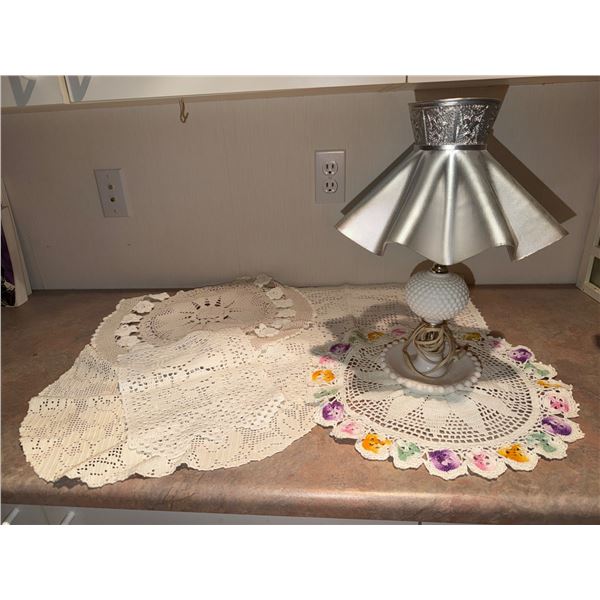 Vintage Hobnail Milk Glass Lamp with Metal Shade and Crochet Doilies