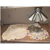Image 1 : Vintage Hobnail Milk Glass Lamp with Metal Shade and Crochet Doilies