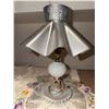 Image 2 : Vintage Hobnail Milk Glass Lamp with Metal Shade and Crochet Doilies