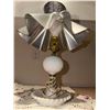Image 4 : Vintage Hobnail Milk Glass Lamp with Metal Shade and Crochet Doilies