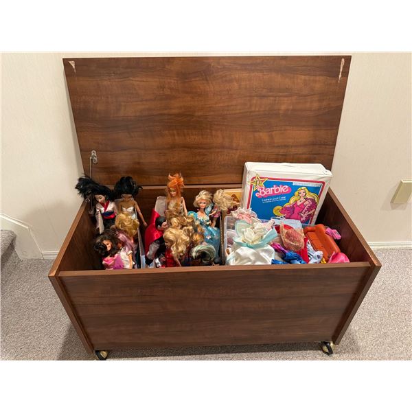Wooden Storage Trunk With Barbie Dolls, Clothes, and Accessories