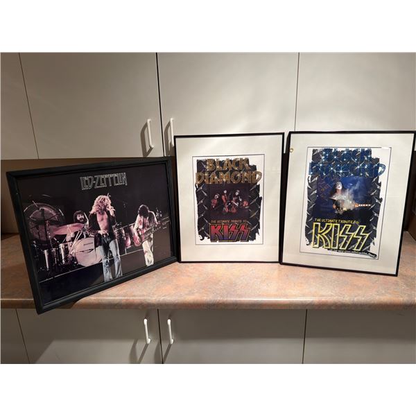 Framed Led Zeppelin Photo and 2 Framed Black Diamond/KISS Tribute Posters