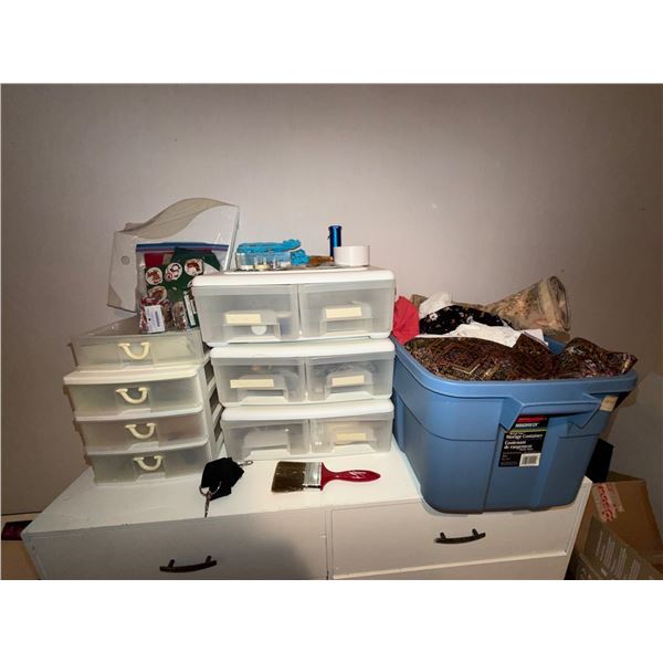 Crafters Corner: Lot of Storage Drawers, Fabric, and Crafting Supplies