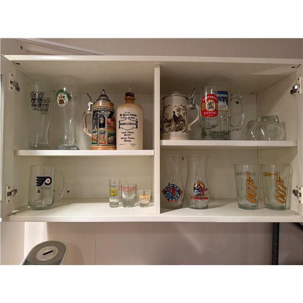 Beer Steins, Glass Tumblers, and Shot Glasses with Varied Logos