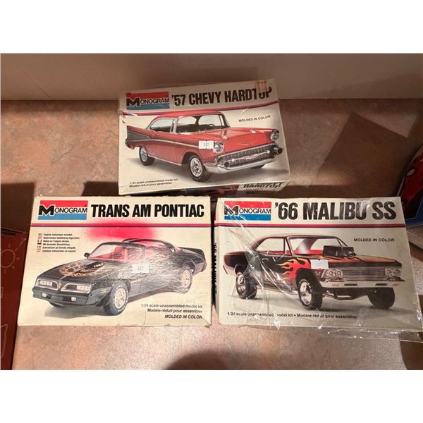 Monogram 1:24 Scale Model Kit Lot: 66 Malibu SS, Trans Am Pontiac, and 57 Chevy Hardtop
