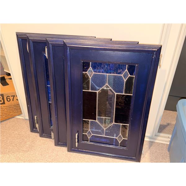 Four Wood Cabinet Doors with Stained Glass Inserts