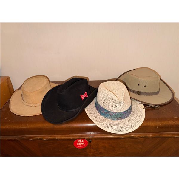 Four Hats: Overlander Genuine Leather, Budweiser Branded, Mesh Safari, and Woven Straw