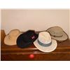 Image 1 : Four Hats: Overlander Genuine Leather, Budweiser Branded, Mesh Safari, and Woven Straw