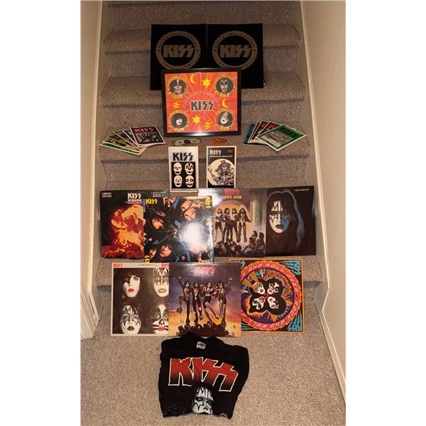 KISS Memorabilia Lot: Albums, Firehouse Magazines, Poster, and Shirt