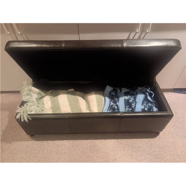 Dark Brown Faux Leather Storage Ottoman With Crochet Blankets