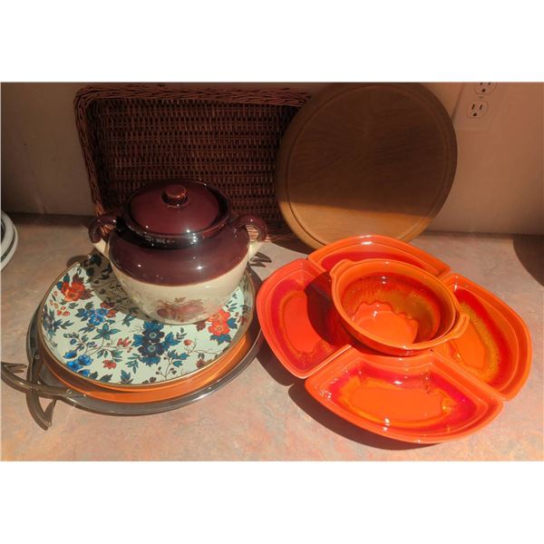 Tableware Including Ceramic Dish Set, Serving Tray, and Handmade Basket