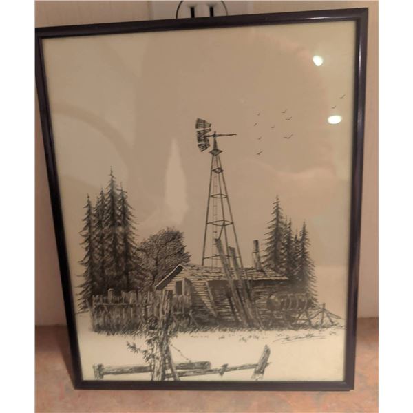 Framed Black and White Rural Landscape Drawing with Artist Signature