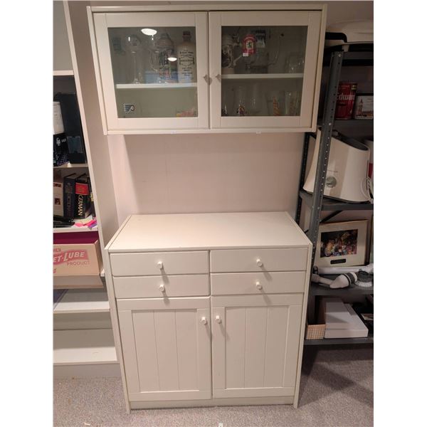White Wooden Kitchen Hutch with Glass-Panel Upper Cabinet and Storage