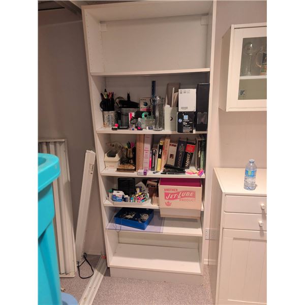 White Wooden Bookshelf with Assorted Office and Study Items