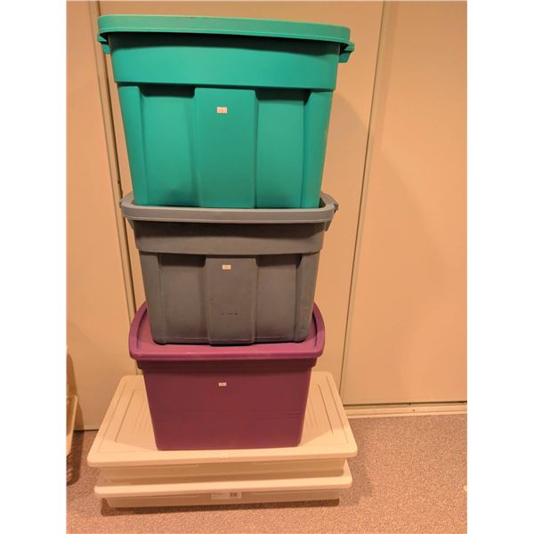 Three Plastic Storage Bins with Two White Lids or Platforms