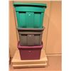 Image 1 : Three Plastic Storage Bins with Two White Lids or Platforms