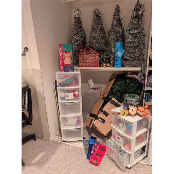 Christmas Decorations and Storage, Including Tree Ornaments, Tinsel Trees, and More