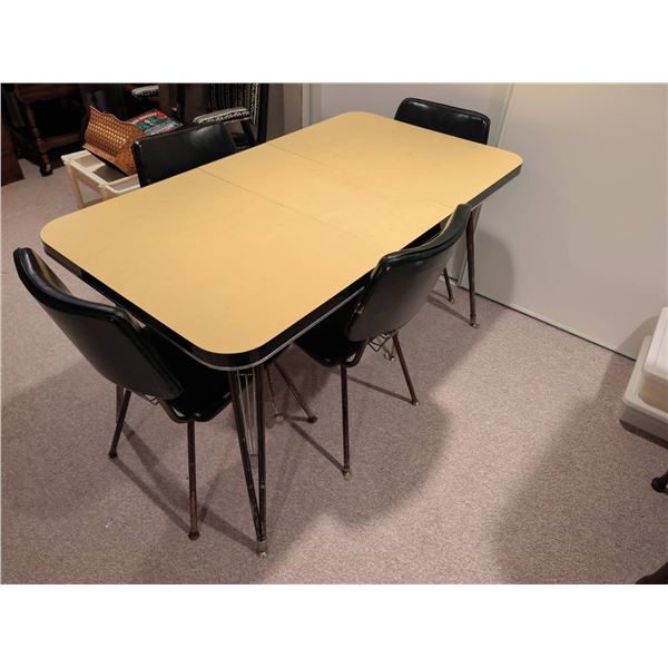 Mid-Century Yellow Laminate Dining Table with Chrome Legs and Four Black Vinyl Chairs